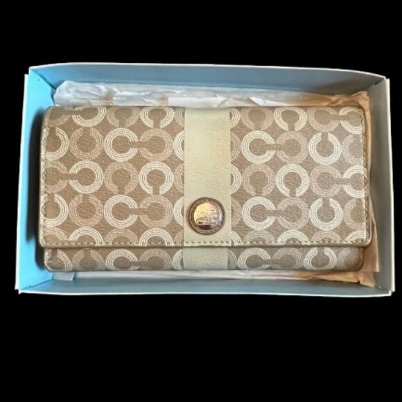 Coach Waverly Tri-Fold Wallet & Checkbook Khaki Cream Tan Gold 43629 - EUC - Picture 1 of 8